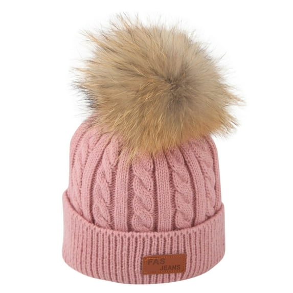 Kids Winter Hat Toddler Knitted Pom Beanie Hat Cotton Lined Faux Fur Pom Pom Cap Baby Girls Boys Beanies
