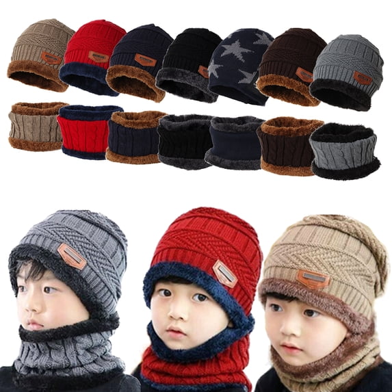 Kids Winter Hat Winter Scarf Winter Gloves Set, 3 Pieces Autumn Winter Knit Beanie Hat Warm Knitted Set with Fleece Lining Scarf Gloves Set for Boys Girls 1-5Y