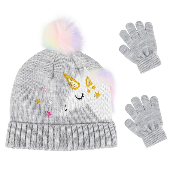 Kids Winter Hat and Gloves Set, Girls Toddler Children Hats Unicorn Beanie with Pom Knit Mittens Fleece Lined Set for Age 3~5 Years, Winter Gifts
