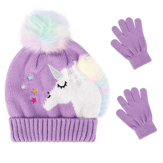 Kids Winter Hat and Gloves Set, Girls Toddler Children Hats Unicorn Beanie with Pom Knit Mittens Fleece Lined Set for Age 3~5 Years, Winter Gifts