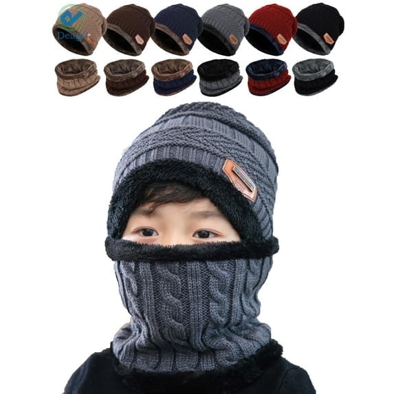Kids Winter Hat and Scarf Set Warm Knit Beanie Cap and Circle Scarf with Fleece Lining for Children Boys Girls (Coffee)