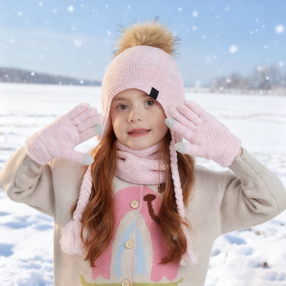 Kids Winter Hat with Ear Flaps Gloves Scarf Set, Warm Lined Hat Gloves Knit Neck Warmer Set for 4-10 Years Boys Girls