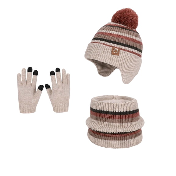 Kids Winter Hat with Ear Flaps Scarf Glove Set, Warm Hat Gloves Knit Lined Neck Warmer Set for Ages 4-10 Years Boys Girls