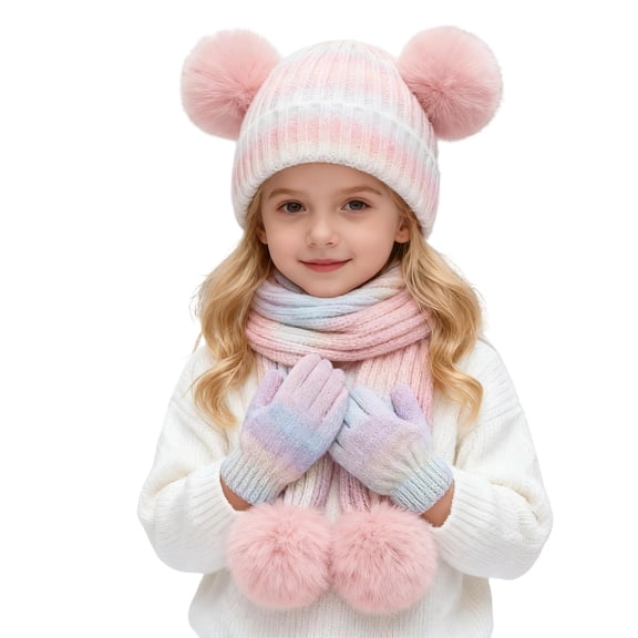Kids Winter Hats Girls Gloves Scarf Set, Knitted Lined Beanies Cap for Ages 3-10 Years Girls Boys