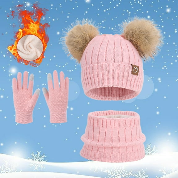 Kids Winter Hats Girls Scarf Glove Set, Warm Hat Gloves Knit Fleece Lined Neck Warmer Set for Ages 4-10 Years Girls Boys