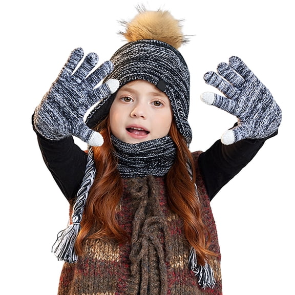 Kids Winter Hats Girls with Ear Flaps Gloves and Scarf Set, Knitted Lined Beanies Cap for 4-10 Years Boys and Girls