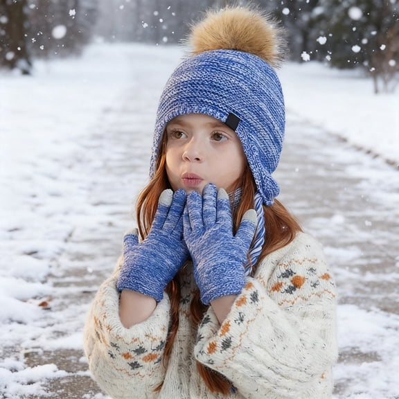 Kids Winter Hats Girls with Ear Flaps Scarf Glove Set, Knitted Lined Beanie Hat Neck Warmer Mittens Set for 4-10 Years Boys and Girls