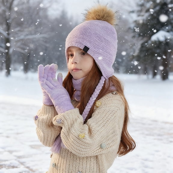 Kids Winter Hats Girls with Ear Flaps Scarf Glove Set, Warm Lined Hat Gloves Knit Neck Warmer for 4-10 Years Boys Girls