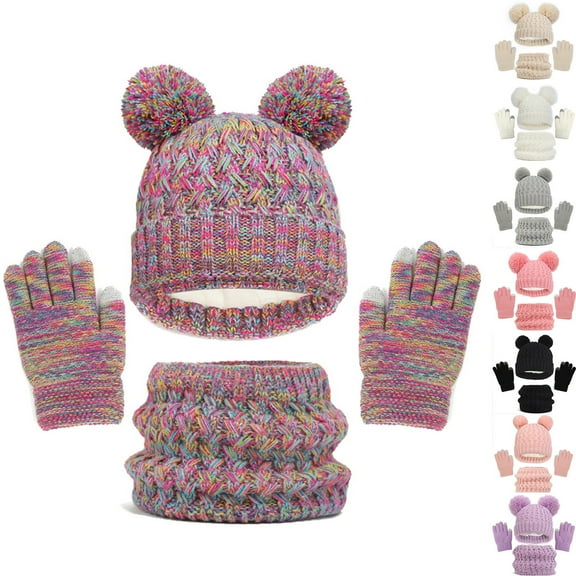 Kids Winter Hats and Gloves Kids Winter Hat Gloves Scarf Set,Girls Toddler Children Hats Beanie with Pom Knit Neck Warmer Gaiter Mittens Fleece Lined Set