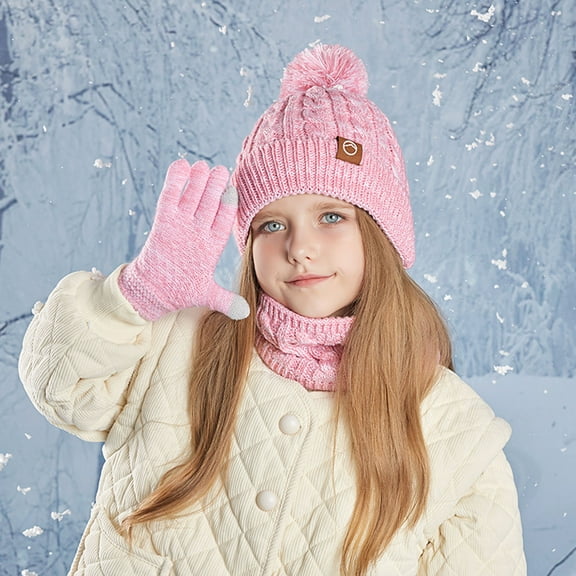 Kids Winter Hats and Gloves Sets Kids Winter Beanie Hat Scarf Touchscreen Gloves Set for Boys Girls 4-15 Years Warm Skull Cap Fleece Lined Knitted Hat