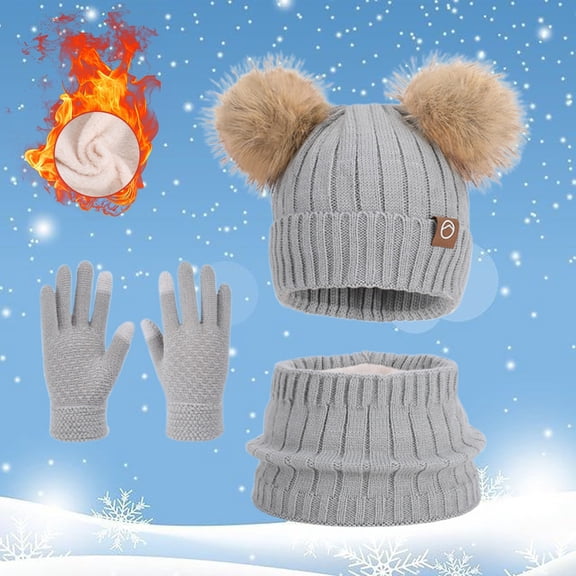 Kids Winter Hats Gloves and Scarf Set, Knitted Beanie Hat Lined Neck Warmer Mittens Set for Ages 4-10 Years Boys and Girls