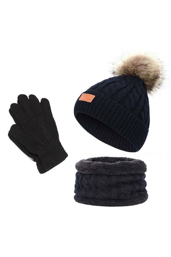 Kids Winter Hats Scarf Gloves Set Boys Girls Cute Hat Knit Gloves Neck Warmer with Fleece Lined Beanie Hats Knitted Mittens & Neck Gaiter Warmer for Children Black 1-11 Years