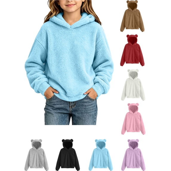 Kids Winter Hoodie, Super Soft Fuzzy Bear Ear Hooded Top with Pockets, Thick Warm Casual Long‑Sleeve Sweatshirt for Big Boys Girls