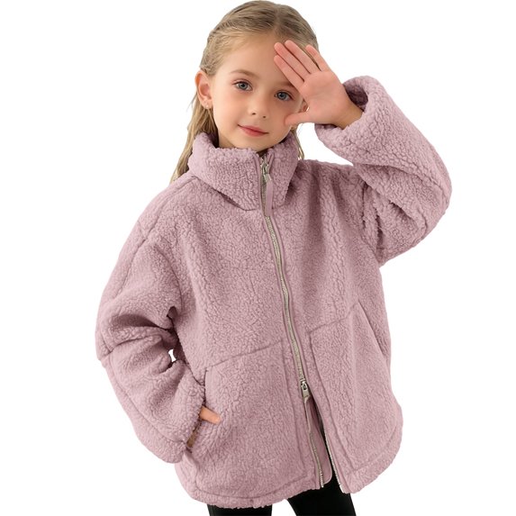 Kids Winter Jacket Double Zipper Sherpa Fleece Coat Boys Girls Fuzzy Fluffy Overcoat Outerwear with Pockets (9-10 Years, Pink)