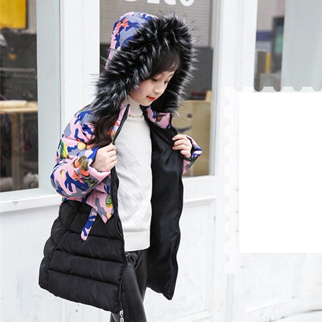 Kids Winter Jacket For Girl Warm Fur Fashion Printing Girls Parkas