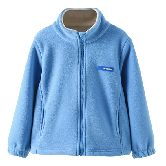 Kids Winter Jacket Full Zip Sherpa Long Sleeve Solid Fleece Hoodie with Pocket For Boys Girls Blue 8 Years