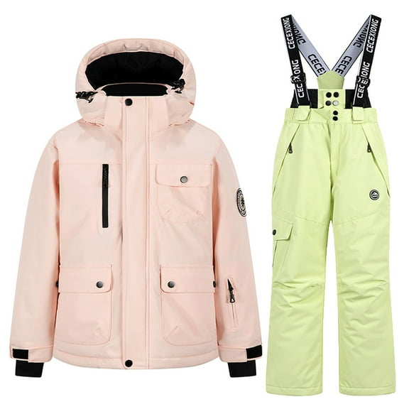 Kids Winter Jacket and Snow Pants New Children's Winter Thick Waterproof Windproof and Warm Hooded Long Sleeved Top + Suspender Ski Pants Two-Piece Set for Kids Style B-11 Green 13-14 Years
