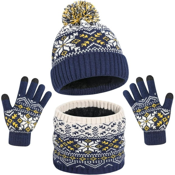 Kids Winter Knit Beanie Hat Scarf Gloves Set for Toddler Girls Boys with Pompom,Child Fleece Lining Hat Scarf Gloves