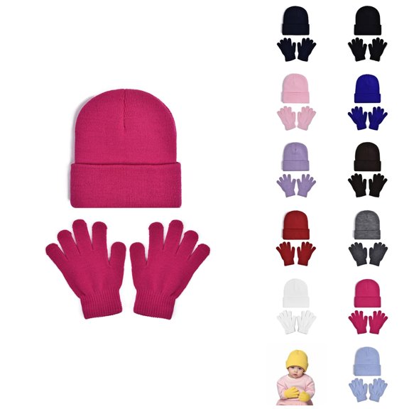 Kids Winter Knit Hat and Gloves Set Warm Thickened Beanie with Matching Gloves Soft Stretchy Thermal Outdoor Cold Weather Protection Gear for Boys Girls Age 2-8 Snow Ski Travel Daily Wear