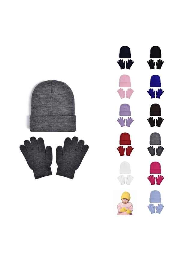 Kids Winter Knit Hat and Gloves Set Warm Thickened Beanie with Matching Gloves Soft Stretchy Thermal Outdoor Cold Weather Protection Gear for Boys Girls Age 2-8 Snow Ski Travel Daily Wear