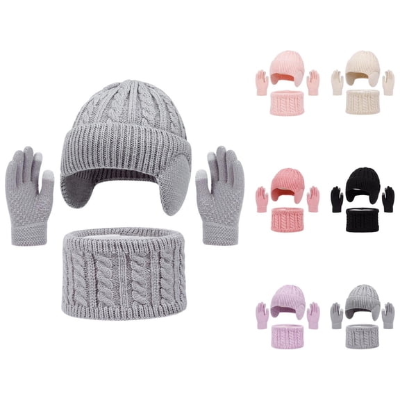 Kids Winter Knit Hat Scarf Gloves Set Warm Lined Touchscreen Soft Thick Cold Weather Accessories 3PCS Cozy Outdoor Snow Wear for Boys Girls Toddler Teen Comfort Fit Christmas Gift Ideas Ski