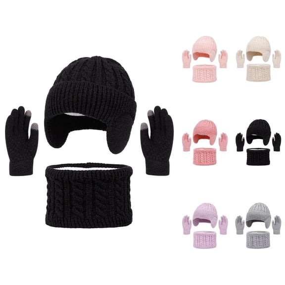 Kids Winter Knit Hat Scarf Gloves Set Warm Lined Touchscreen Soft Thick Cold Weather Accessories 3PCS Cozy Outdoor Snow Wear for Boys Girls Toddler Teen Comfort Fit Christmas Gift Ideas Ski