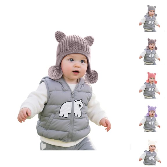 Kids Winter Knit Hat with Bear Ears and Double Pom Poms Warm Outdoor Headwear Winter Essentials