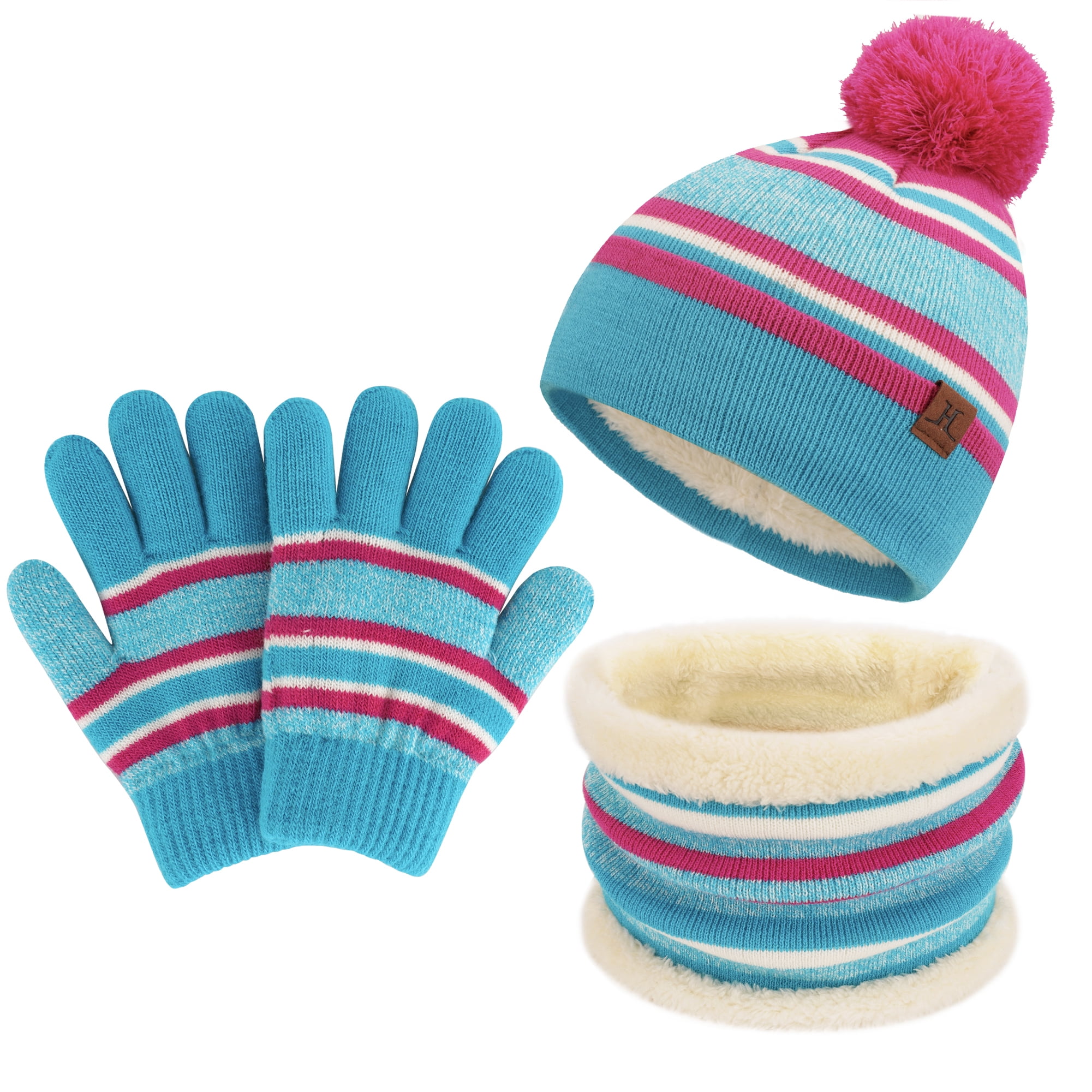 Kids Winter Knit Warm Pompom Beanie Hat Cap Neck Scarf Gloves Set for