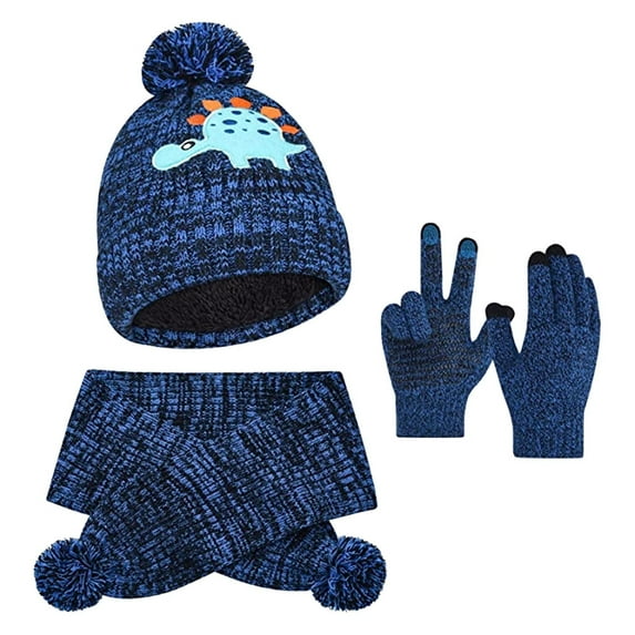 Kids Winter Knitted Hat Scarf Dinosaur Cartoon Pattern Thermal Earflap Cap Neck Warmer Mittens Boys Girls