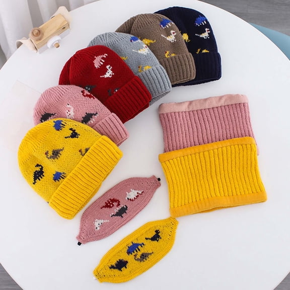 Kids Winter Knitted Hats+Scarf Set Warm Fleece Lining Cap for 5-14 Year Old Boys Girls