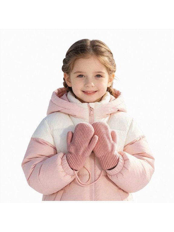 Kids Winter Knitted Mittens with String Anti Lost Warm Full Finger Handwear for Outdoor Activities