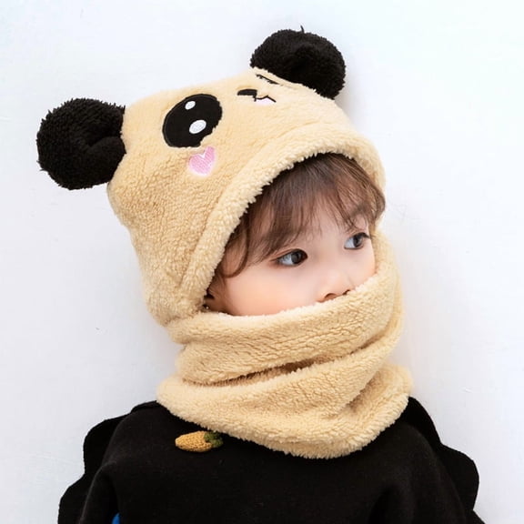 Kids Winter One Piece Hat and Scarf, Unisex Warm Fleece Hat Neck Warmer Hood Cap with Bear Ears for 1-4 Years Old Girls Boys