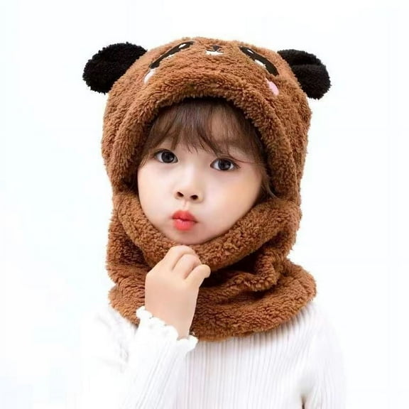 Kids Winter One Piece Hat and Scarf, Unisex Warm Fleece Hat Neck Warmer Hood Cap with Bear Ears for 5-8 Years Old Girls Boys