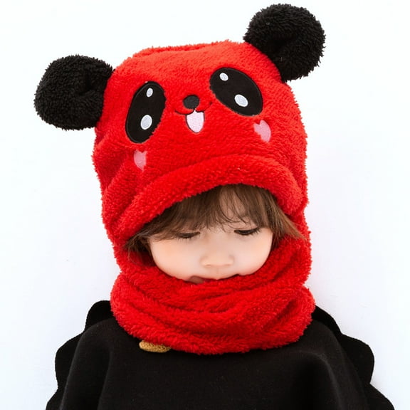 Kids Winter One Piece Hat and Scarf, Unisex Warm Fleece Hat Neck Warmer Hood Cap with Bear Ears for 5-8 Years Old Girls Boys