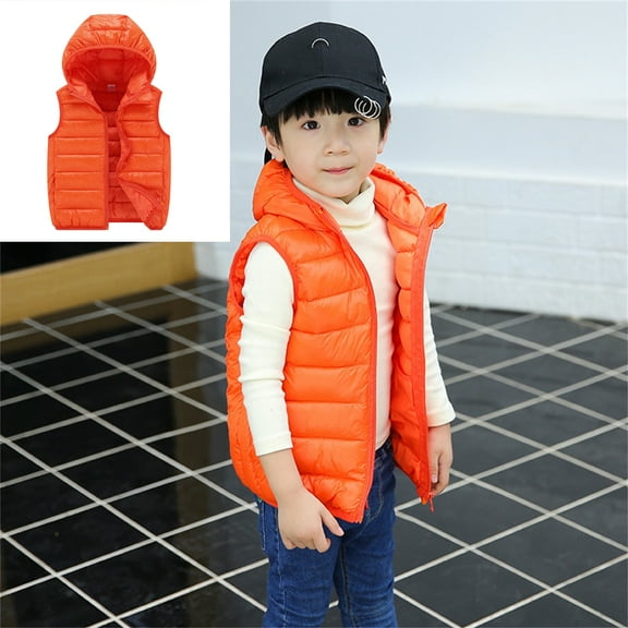 Kids Winter Orange Puffer Vest Cute Hooded Jacket Sleeveless Quilted Vest Lightweight Warm Down Coat Toddler Winter Jacket 4T