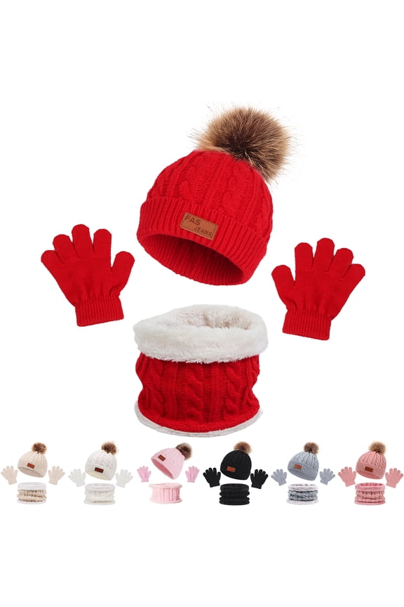 Kids Winter Outing Set - 3Pcs Hats Scarf Gloves for 1-5 Years Baby Boys Girls, Plush Ball No Brim Cap, Knitting Toddler Beanie