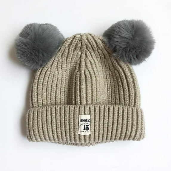 Kids Winter Pompom Hat, Knitted Ski Beanie Hat, Double Pom Beanie Cap for Girls Boys, for 1-3 Years Old, Cotton Ball Kids Hat