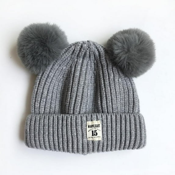 Kids Winter Pompom Hat, Knitted Ski Beanie Hat, Double Pom Beanie Cap for Girls Boys, for 1-3 Years Old, Cotton Ball Kids Hat