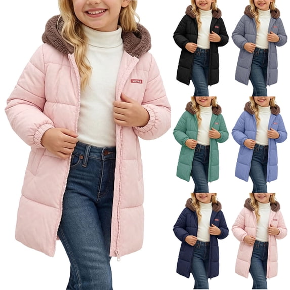 Kids Winter Puffer Jacket Boys Girls Hooded Mid-Length Fleece Lined Thickened Zip Up Coat for School Daily Wear Fall Winter 1-10Y