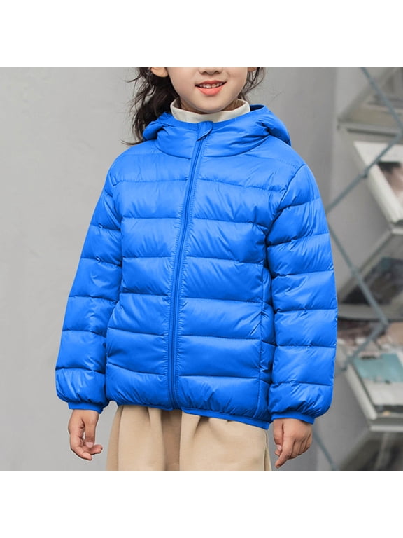 Kids Winter Puffer Jacket Cotton Lined Lightweight Hooded Warm with Elastic Cuffs for School Ski Outdoor Blue 4-5 Years