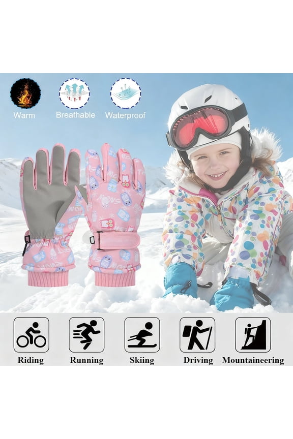 Kids Winter Ski Gloves, Cartoon Design Thick Fleece Lined Waterproof Acrylic Gloves for Boys and Girls Cycling Skiing Outdoor Activities