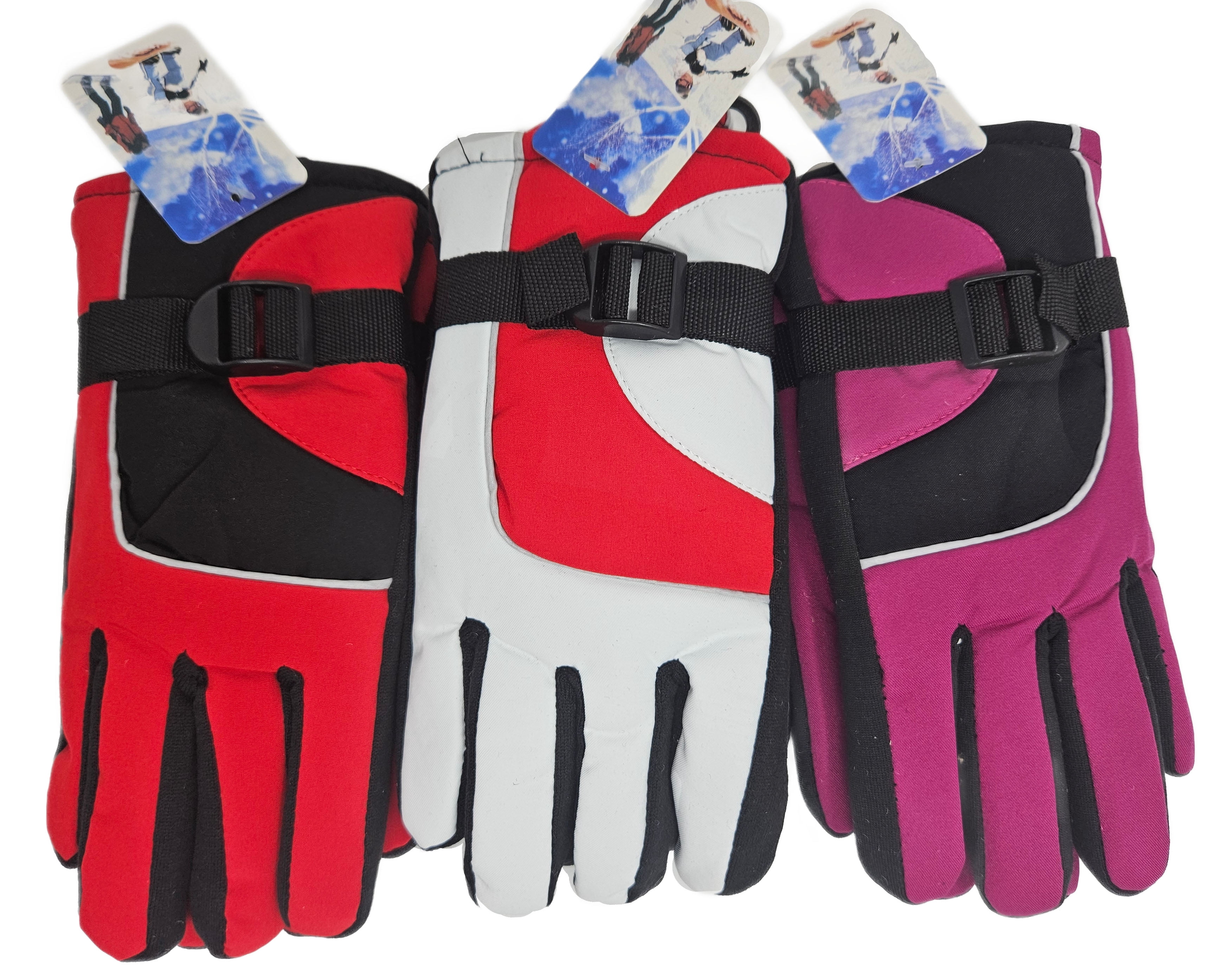 Kids Winter Ski Gloves w/ Adjustable Buckle, Warm Lined, Waterproof,Dual-Color, Ideal for Snow Sports & Cold Weather, 3-Pack