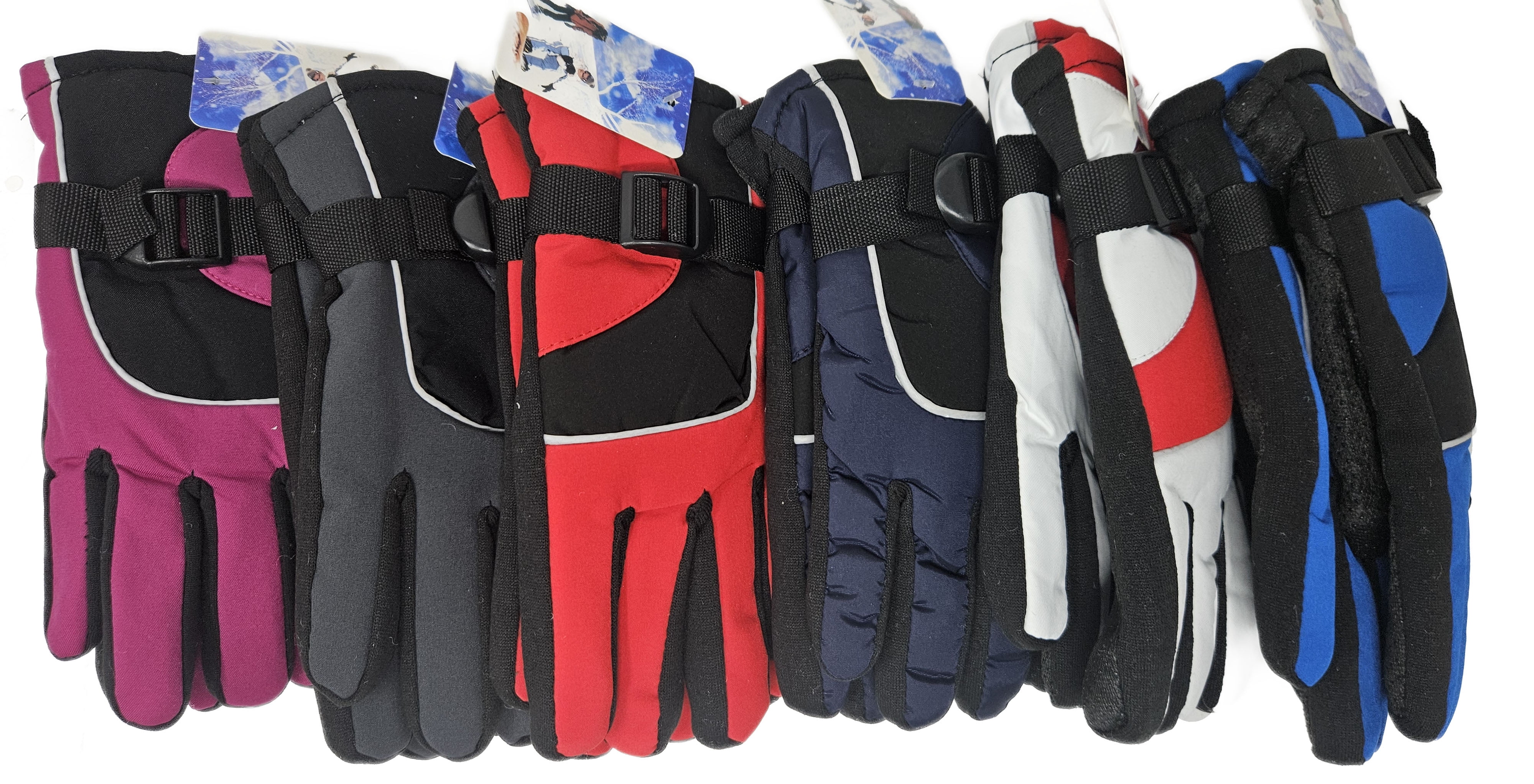 Kids Winter Ski Gloves w/ Adjustable Buckle, Warm Lined, Waterproof,Dual-Color, Ideal for Snow Sports & Cold Weather, 6-Pack