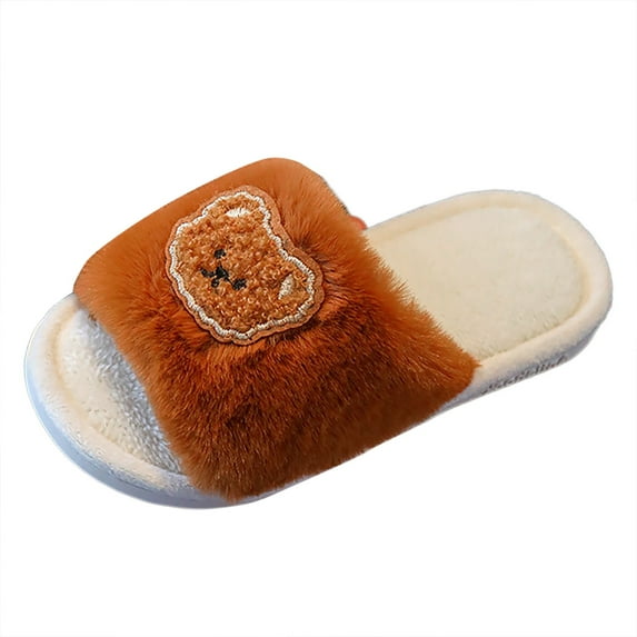 Kids Winter Slippers Bear Design Non- Indoor House Shoes for Boys Girls - Warm Plush Lined Soft Sole Comfortable Toddler Footwear,Color:Brown,Size:11