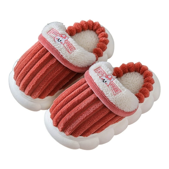 Kids Winter Slippers Boys Girls Cute Embroidery Corduroy Fuzzy Memory Foam Slip on House Shoes