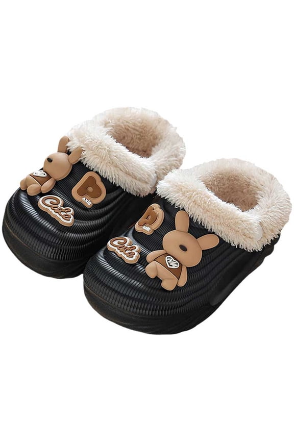 Kids Winter Slippers Cute Cartoon Furry Lined Clogs Waterproof Nonslip Boys Girls Garden Shoes Lightweight Slip on Slides Shoes Black 11 Little Kid