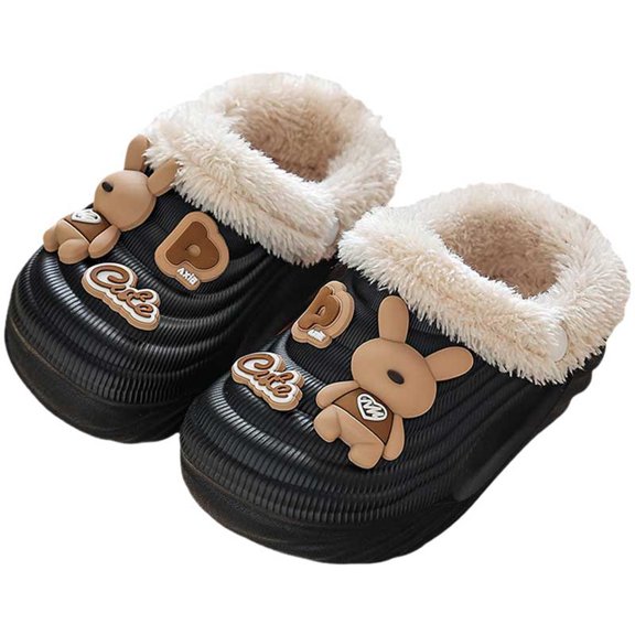 Kids Winter Slippers Cute Cartoon Furry Lined Clogs Waterproof Nonslip Boys Girls Garden Shoes Lightweight Slip on Slides Shoes Black 12 Little Kid