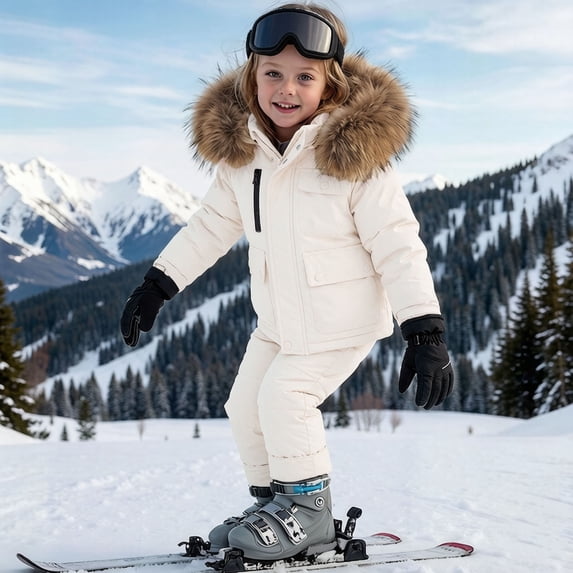 Kids Winter Snowsuit Infant 1-2T Boys Girls 2 Piece Ski Suit Waterproof Puffer Jacket with Faux Fur Hood and Snow Bibs Overalls Warm Outdoor Outerwear Set