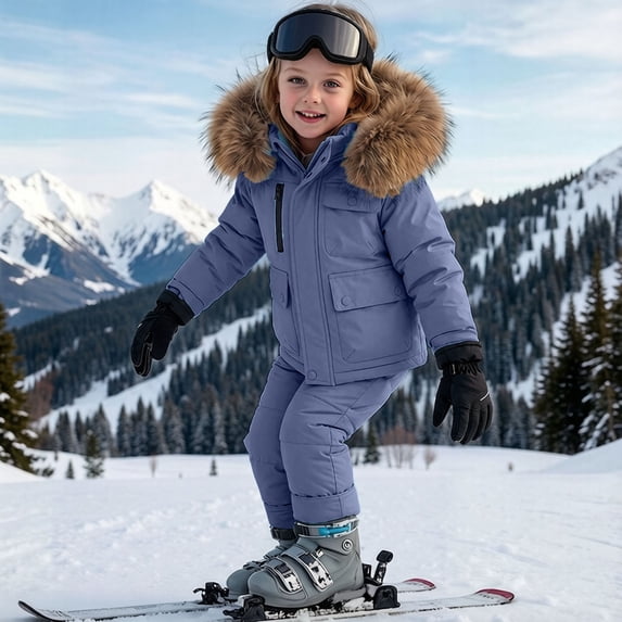 Kids Winter Snowsuit Kids Size 5-6 Boys Girls 2 Piece Ski Suit Waterproof Puffer Jacket with Faux Fur Hood and Snow Bibs Overalls Warm Outdoor Outerwear Set