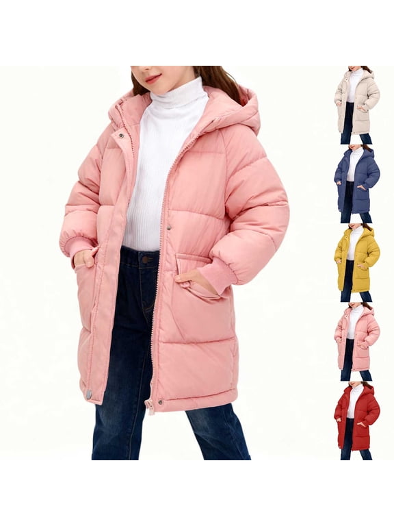 Kids Winter Solid Hooded Zip Mid Length Jacket With Storage Pockets, Unisex Thick Warm Outerwear,Red
